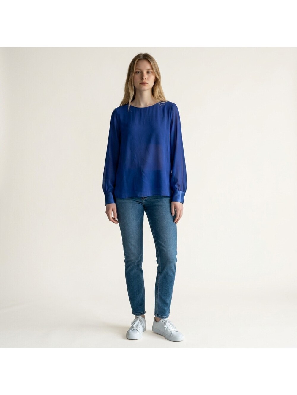 Ann Taylor Blouse Women L Large Blue Round Neck Long Sleeve Pullover Casual